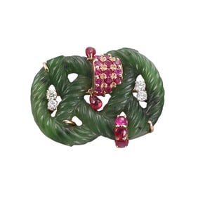 Seaman Schepps 14k Gold Carved Jade Ruby Diamond Brooch Pin