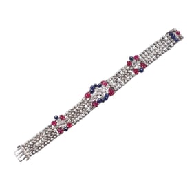 Art Deco Platinum Pearl Diamond Ruby Sapphire Tutti Frutti Bracelet