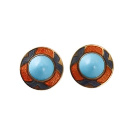 Leo de Vroomen 18k Gold Turquoise Enamel Earrings