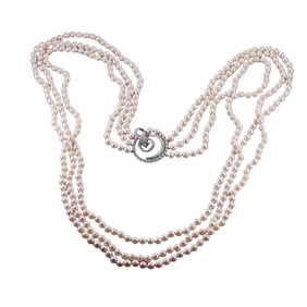 Mid Century Platinum Diamond Pearl 3 Strand Necklace