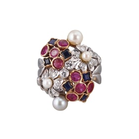 Retro 18k Gold Platinum Diamond Ruby Sapphire Pearl Ring