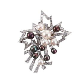 1970s Modernist Platinum Diamond Pearl Brooch