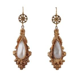 Etruscan Revival 22k Gold Pearl Drop Earrings