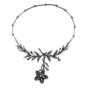 Antique Victorian Rose Cut Diamond Silver Gold Flower Necklace