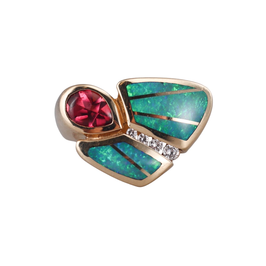 Kabana 14k Gold Opal Diamond Tourmaline Ring: Metal : 14k Yellow Gold Designer : Kabana Gemstone : Opal inlay, Pink tourmaline, Diamonds approx. 0.11ctw. Measurements : Ring size 6, top is 16mm x 22mm. Marked: : Kabana 14k.