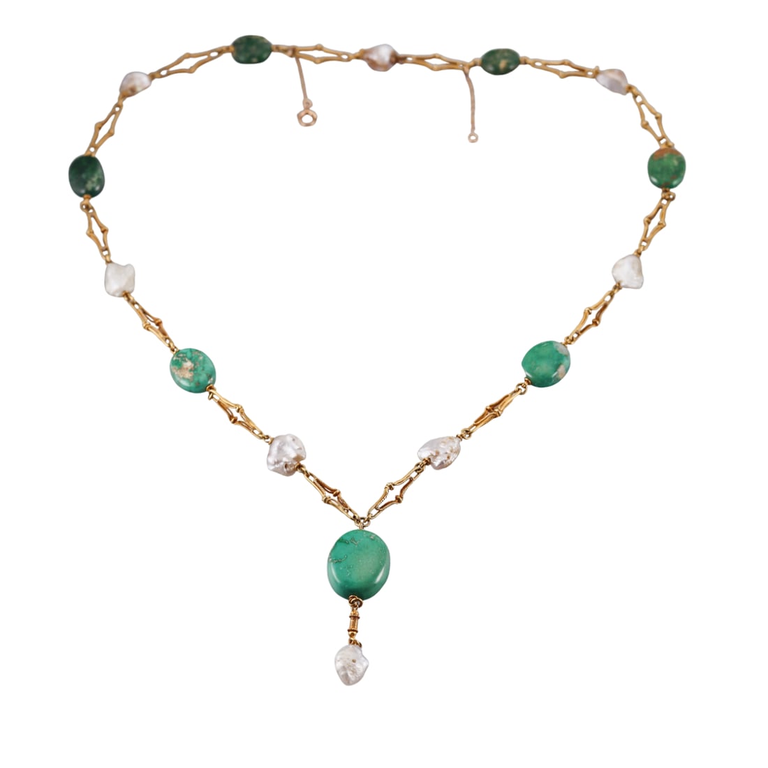 Antique Art Nouveau 14k Gold Natural Pearl Turquoise Gemstone Necklace: Metal : 14k Yellow Gold Designer : Not Signed Gemstone : Natural pearls, Green gemstones. Measurements : Necklace is 21" long, pendant drop is 2 1/8" long. Marked: : 14k on clasp.
