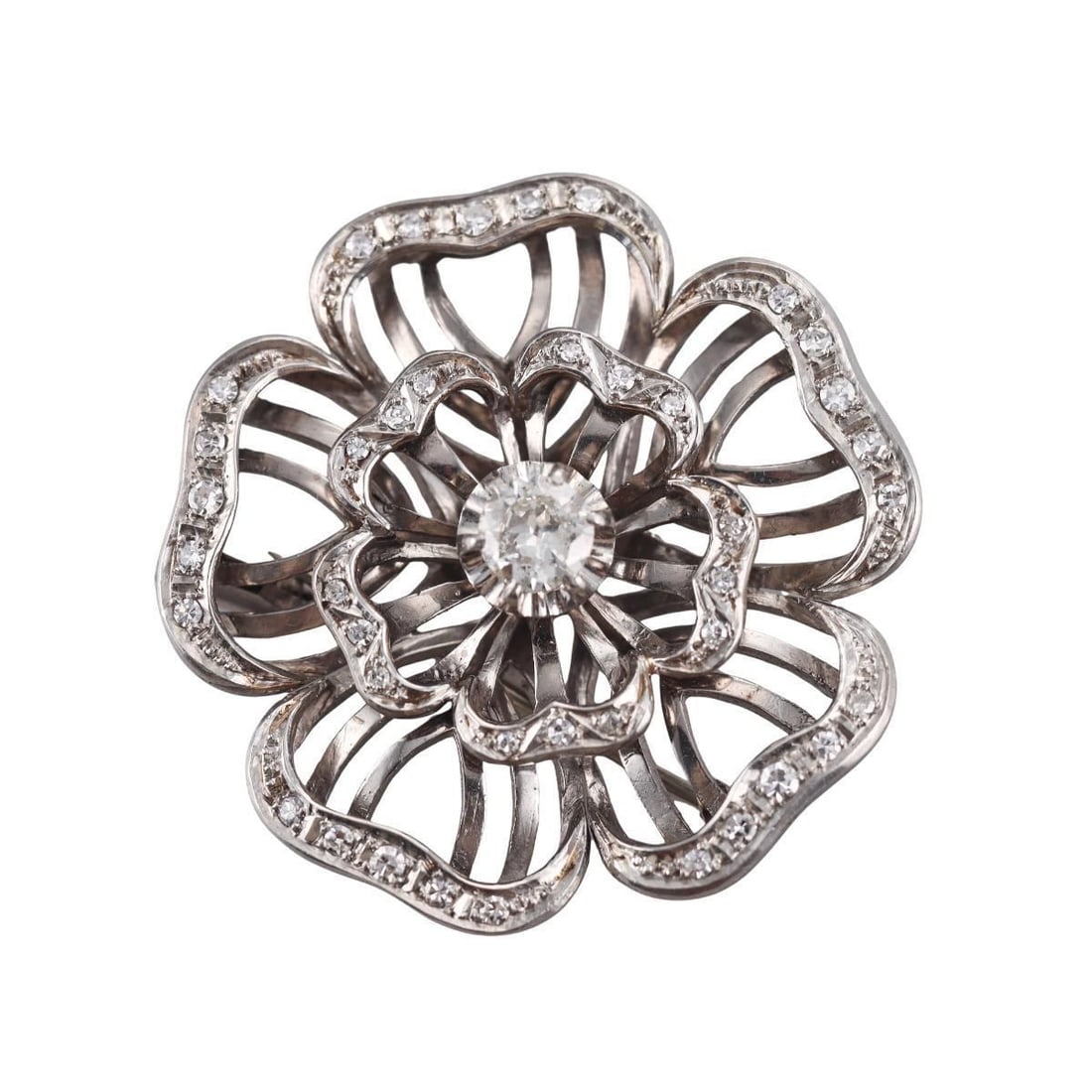 Mid Century Platinum Diamond Flower Brooch (1 of 4)