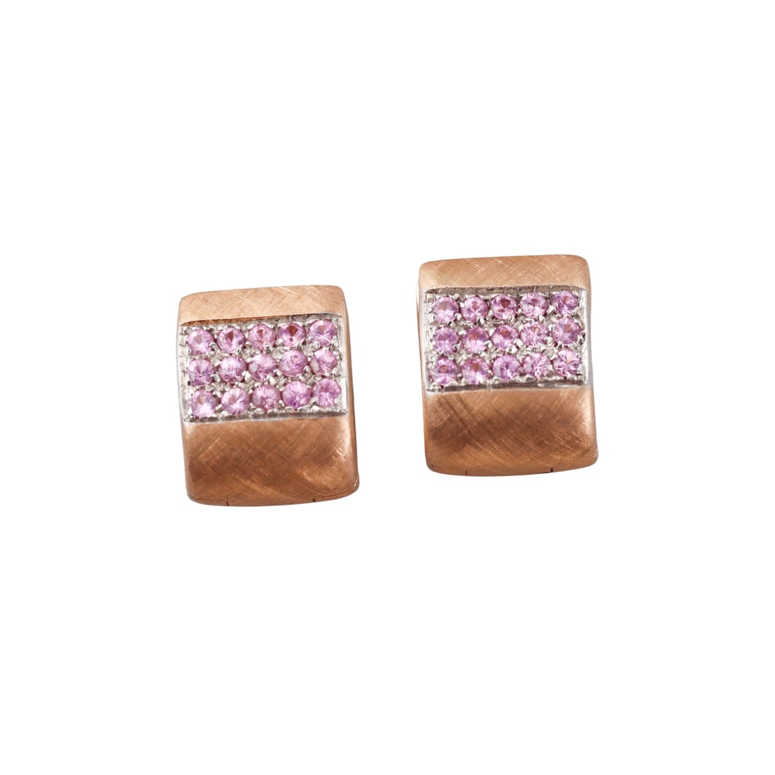 Roberto Coin 18k Rose Gold Pink Sapphire Huggie Hoop Earrings: Metal : 18k Satin Rose Gold Designer : Roberto Coin Gemstone : Pink Sapphires Measurements : Earrings are 16mm x 14mm. Marked: : Signature ruby, 18k, 1226VI. Weight: : 1