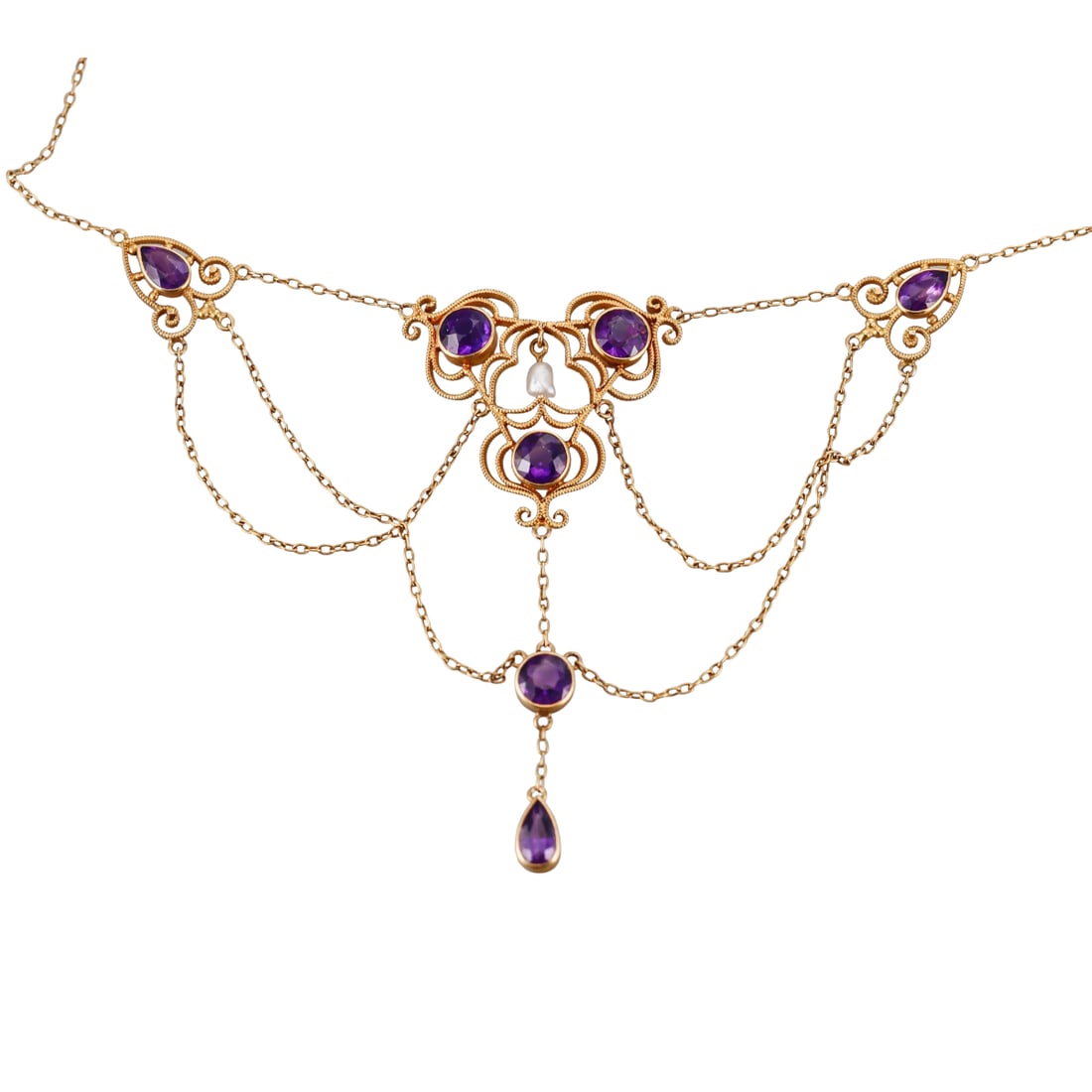Antique Victorian 14k Gold Amethyst Pearl Festoon Necklace: Metal : 14k Yellow Gold Designer : Not Signed Gemstone : Amethyst, Pearl. Measurements : Necklace is 16" long, center drop is 2.5" long. Marked: : Tested 14k. Weight: : 9