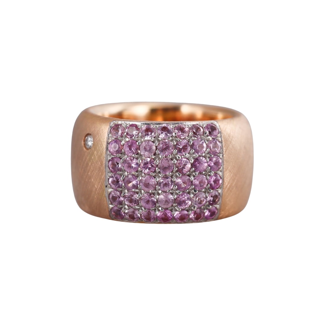 Roberto Coin 18k Rose Gold Pink Sapphire Diamond Ring: Metal : 18k Satin Rose Gold Designer : Roberto Coin Gemstone : Pink Sapphires, Diamond Measurements : Ring size 4.5, width 12mm. Marked: : Signature ruby, 18k, 1226VI. Weigh