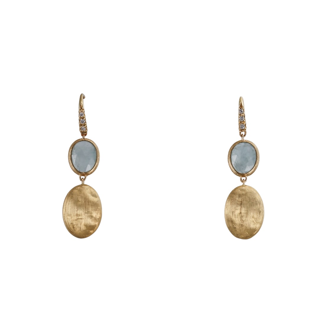 Marco Bicego Siviglia 18k Gold Diamond Aquamarine Earrings: Metal : 18k Yellow Gold Designer : Marco Bicego Gemstone : Aquamarine, Diamonds 0.05ctw. Measurements : Earrings are 37mm long. Marked: : Marco Bicego, made in Italy. Weight: