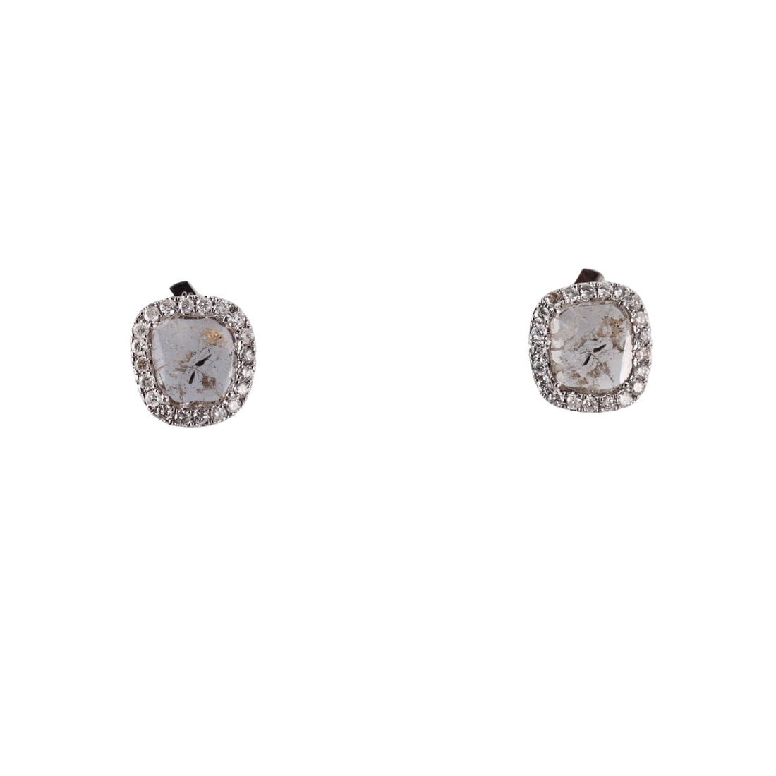 Payal Shah 18k Gold Diamond Slice Stud Earrings: Metal : 18k White Gold Designer : Payal Shah Gemstone : RBC and diamond slices Measurements : Earrings are 13mm x 12.5mm. Marked: : 750, 5. Weight: : 3.5 grams C