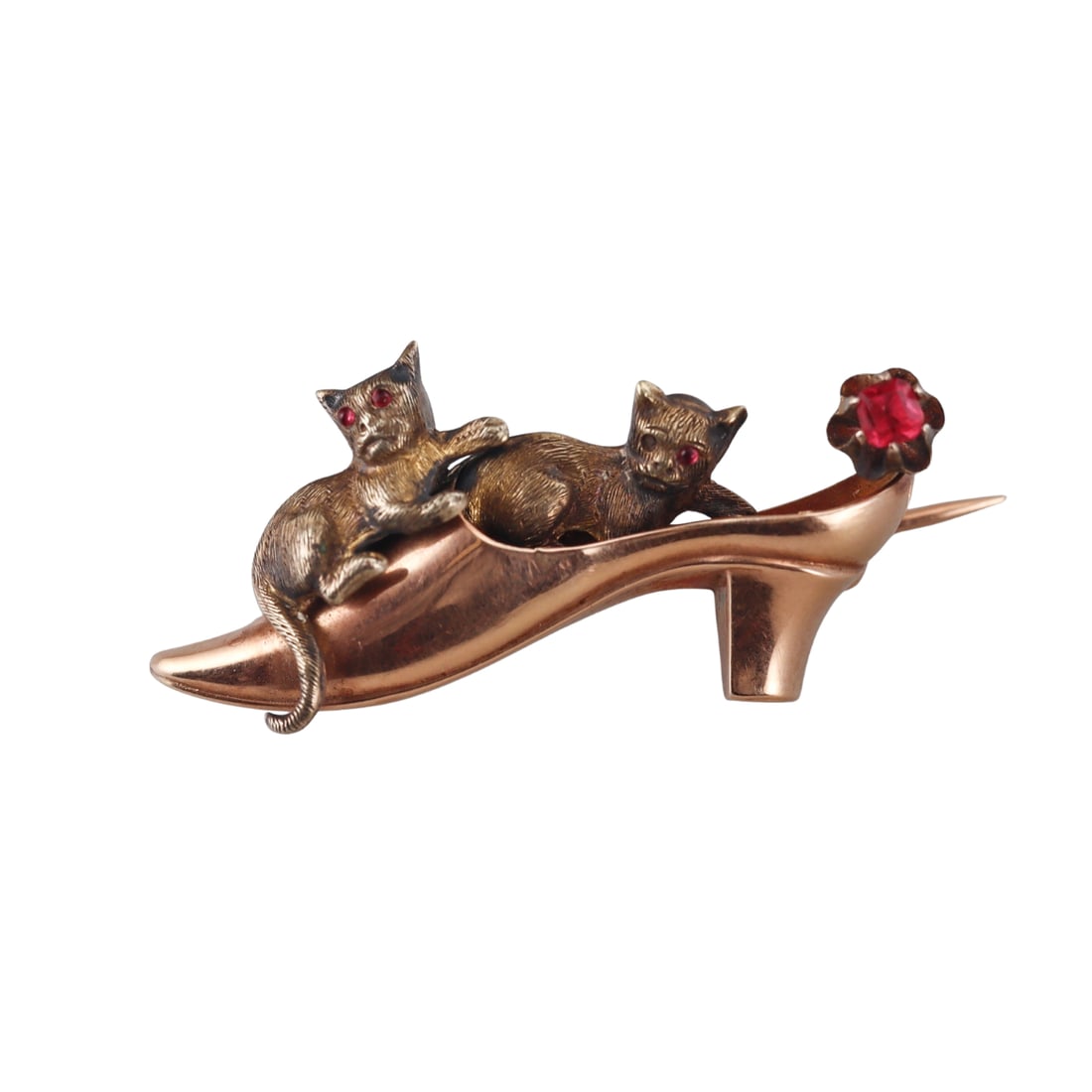 Antique 14k Gold Gemstone Cat in a Shoe Brooch Pin: Metal : 14k Rose Yellow Gold Designer : Not Signed Gemstone : Red gemstones Measurements : Brooch is 43mm x 20mm. Marked: : Tested 14k. Weight: : 4.1 grams Cond