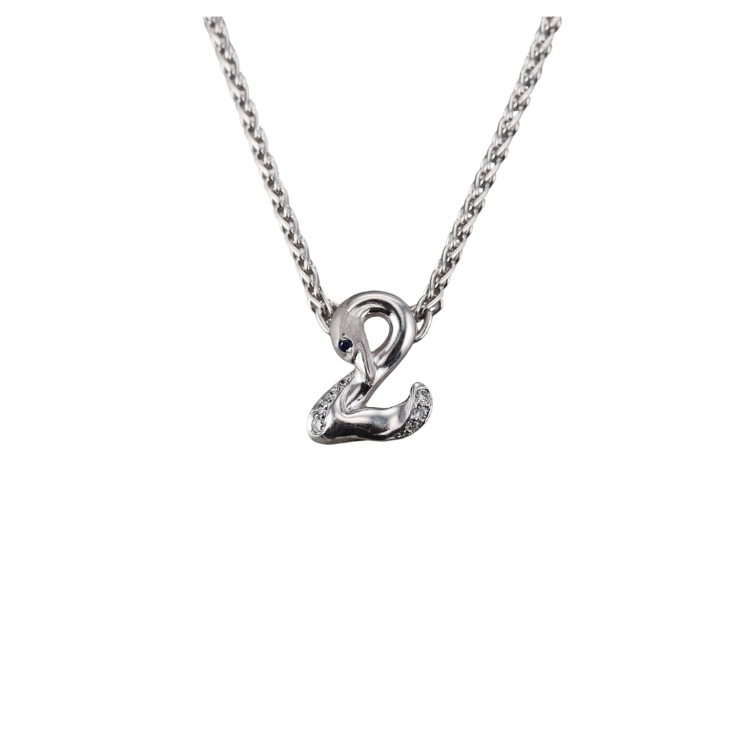 Carrera y Carrera 18k Gold Diamond Swan Pendant Necklace: Metal : 18k White Gold Designer : Carrera y Carrera Gemstone : Diamonds, Sapphire Measurements : Necklace is 18" long, pendant is 12mm x 10mm. Marked: : 255712, CyC. Weight: