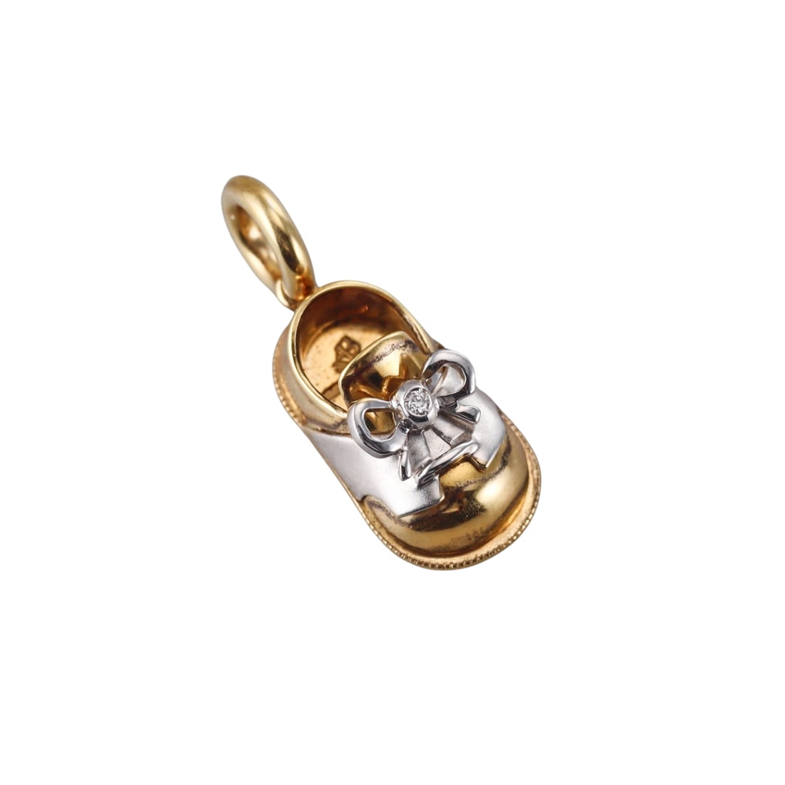 Aaron Basha 18k Gold Diamond Baby Shoe Pendant Charm: Metal : 18k Yellow White Gold Designer : Aaron Basha Gemstone : Diamond Measurements : Shoe is 20mm x 11mm. Marked: : Aaron Basha, Ab mark, 750, Italian mark. Weight: : 6