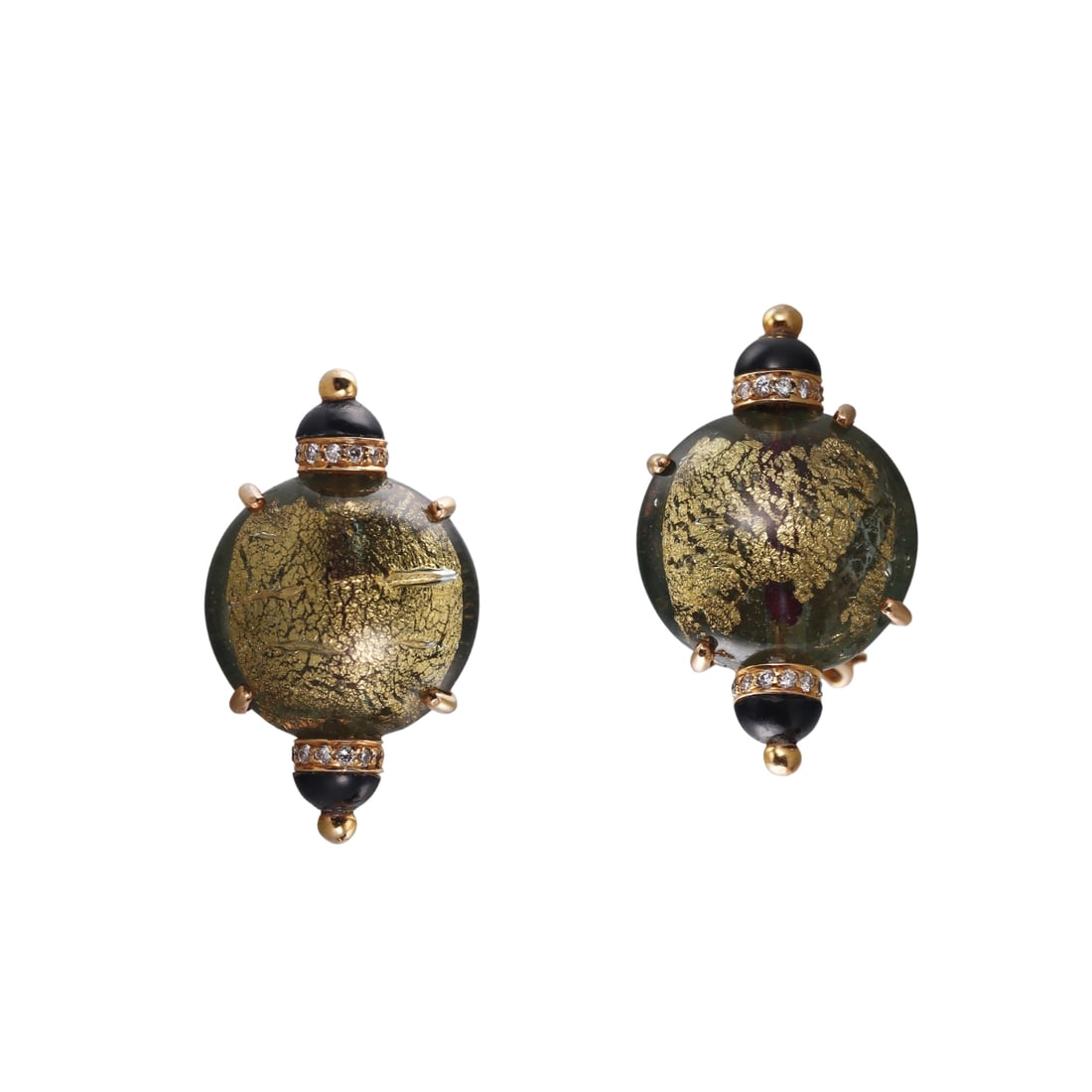 Lotus Arts de Vivre 18k Gold Diamond Onyx Glass Earrings: Metal : 18k Yellow Gold Designer : Lotus Arts de Vivre Gemstone : Onyx, Diamonds approx. 0.20ctw. Measurements : Earrings are 28mm x 17mm. Marked: : 18k, Maker's mark. Weight