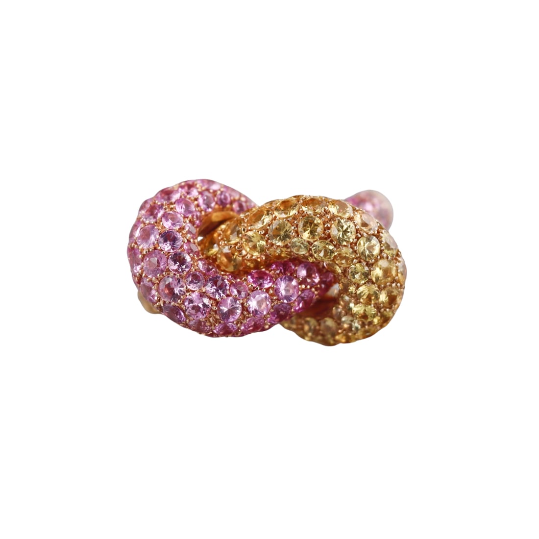 Luca Carati 18k Rose Gold Yellow Pink Sapphire Knot Ring: Metal : 18k Rose Gold Designer : Luca Carati Gemstone : Yellow and pink sapphires. Measurements : Ring size 6, top is 15mm x 26mm. Marked: : 3770AL, 750, Maker's mark. Weigh