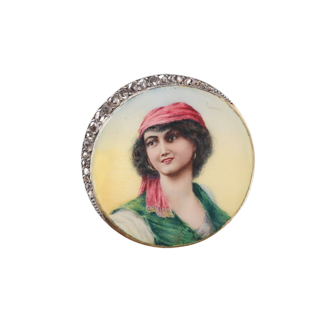 Antique Continental Gold Diamond Miniature Portrait Enamel Brooch Pin: Metal : 18k Gold Designer : Not Signed Gemstone : Rose cut diamonds. Enamel Measurements : Hand painted brooch is 27mm in diameter Marked: : Peinture S/Email Geneve Weight: