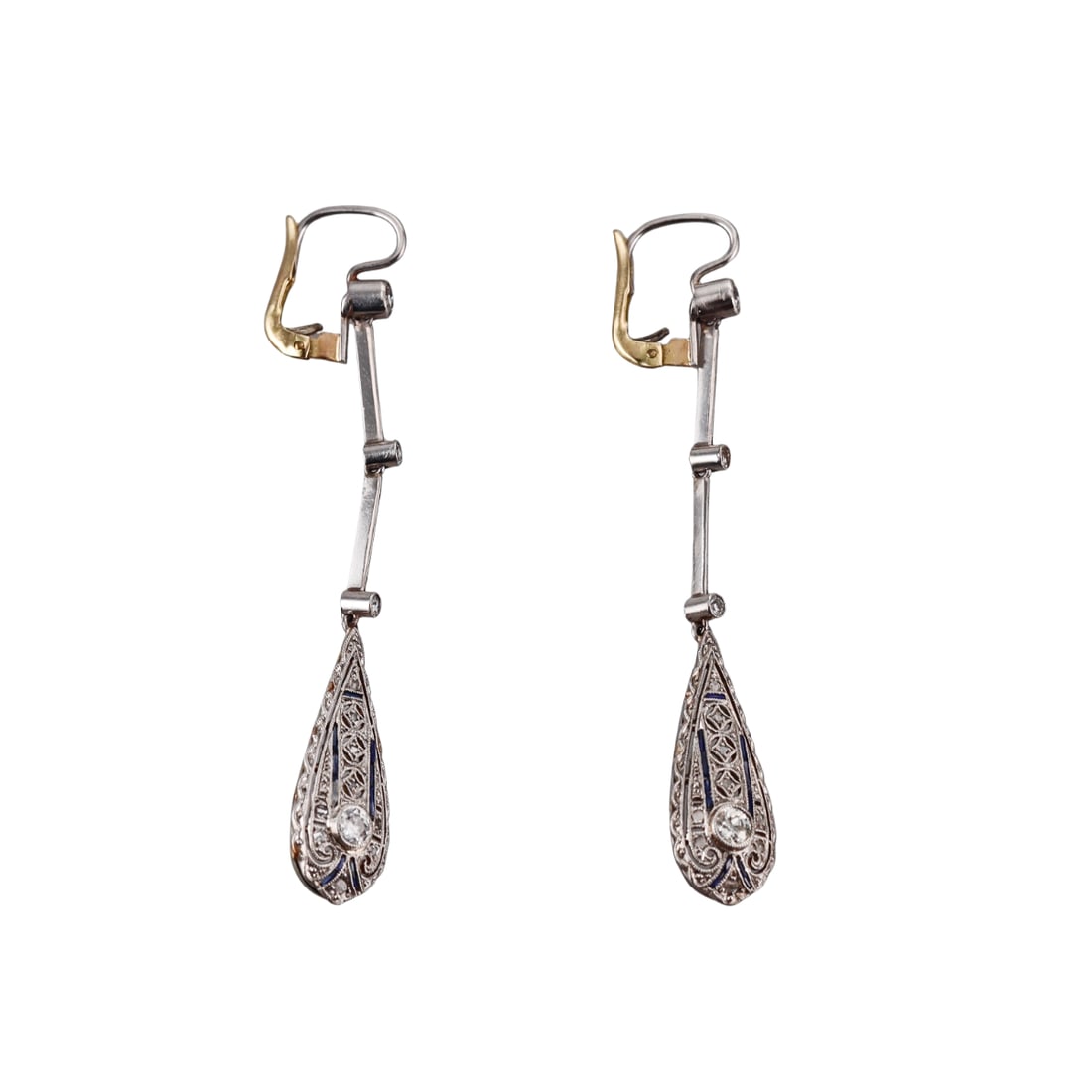 Art Deco Platinum Diamond Sapphire Drop Earrings (1 of 3)