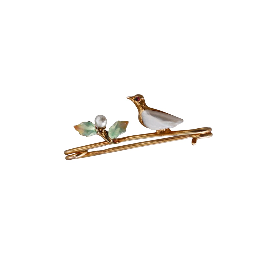 Art Nouveau 8k Gold Pearl Enamel Bird Flower Brooch Pin: Metal : 8k Gold Designer : Not Signed Gemstone : Pearl Measurements : Brooch is 34mm x 10mm. Marked: : 8ct on the stem. Weight: : 1.7 grams Condition: : Exce