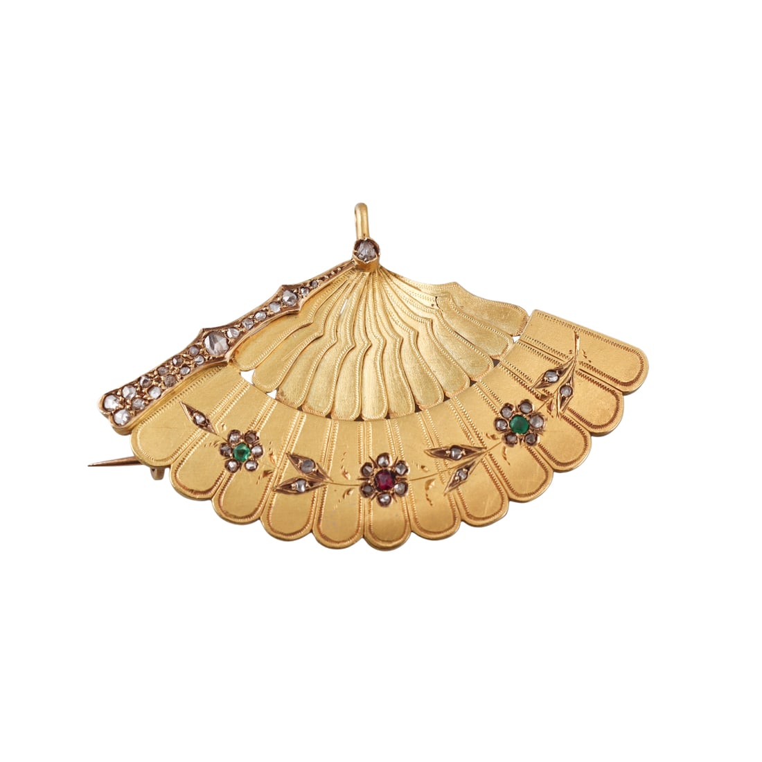 Antique Victorian Yellow Gold Diamond Ruby Emerald Fan Brooch Pendant (1 of 4)