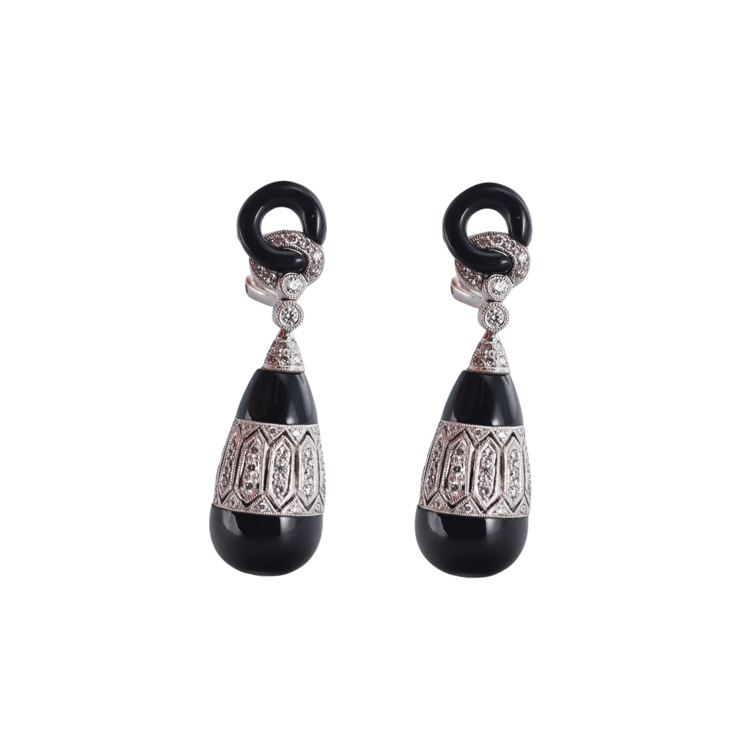 18k Gold Diamond Onyx Drop Earrings: Metal : 18k White Gold Designer : Not Signed Gemstone : Diamonds approx. 0.40ctw, Onyx. Measurements : Earrings are 41mm long. Marked: : k18, 750. Weight: : 17.3 grams