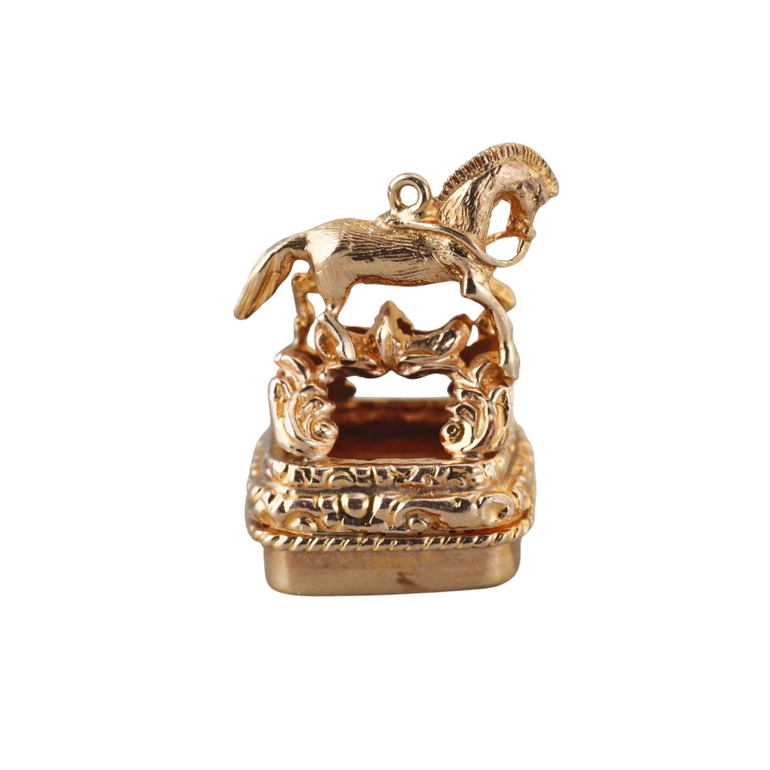 Antique Yellow Gold Bloodstone Horse Fob Charm Pendant: Metal : 14k and 10k Gold Designer : Not Signed Gemstone : Bloodstone approx. 16.5mm x 13mm Measurements : Charm is 32 x 20 x 17mm Marked: : Tested - 14k, 10k Weight: : 14.