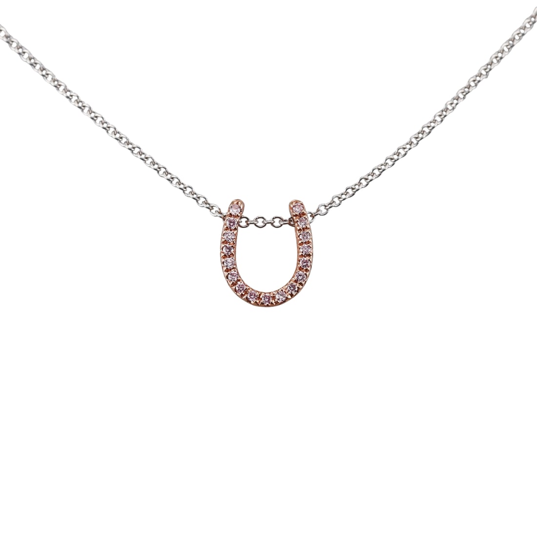 18k Gold Pink Diamond Lucky Horseshoe Pendant Necklace: Metal : 18k Rose White Gold Designer : Not Signed Gemstone : Pink diamonds Measurements : Necklace is 20" long, pendant is 12mm x 10mm. Marked: : 18k, AFC, Italy. Weight: