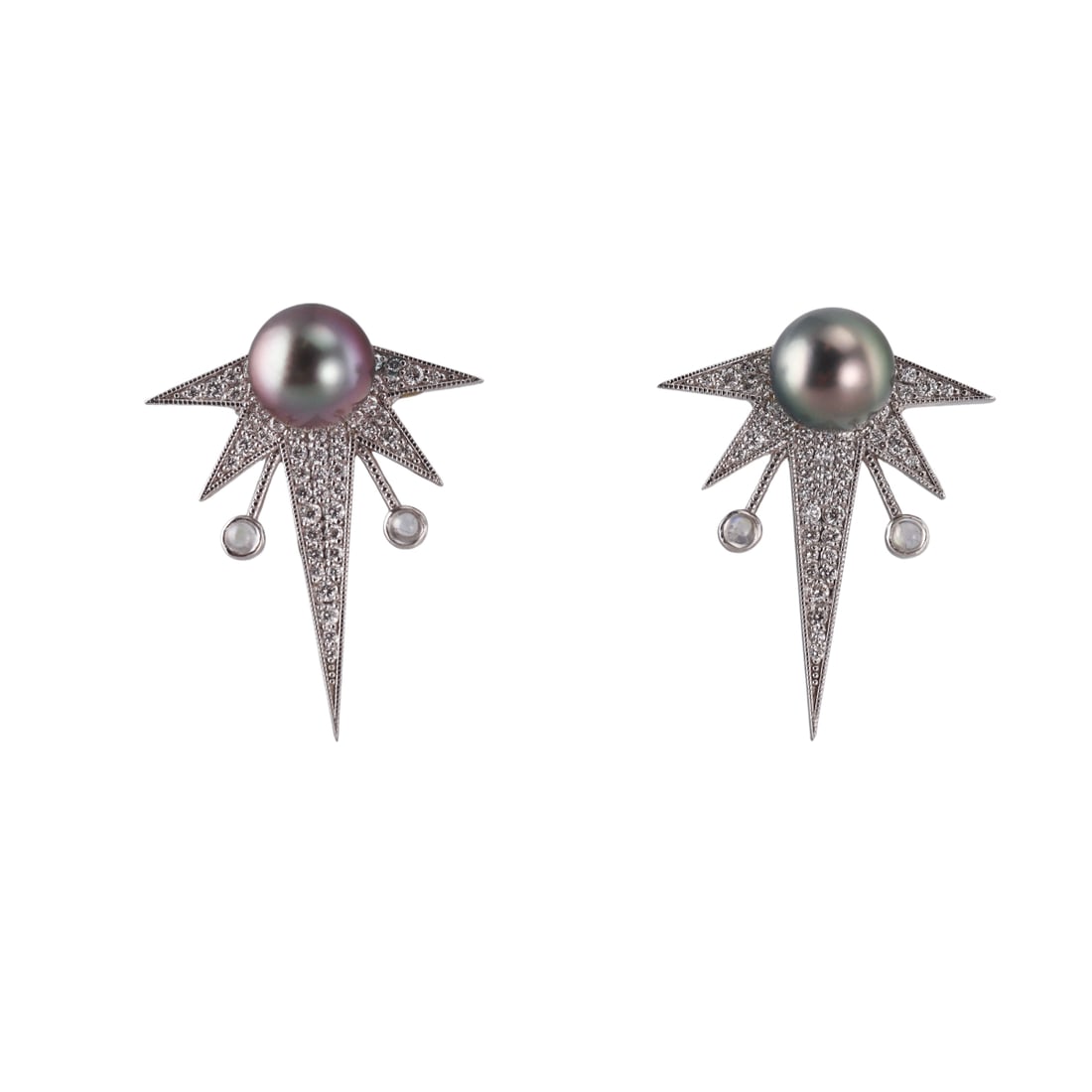 Colette Jewelry 18k Gold Tahitian Pearl Diamond Star Earrings: Metal : 18k White Gold Designer : Colette Jewelry Gemstone : Pearls 9.8mm, Diamonds approx. 0.90ctw, Moonstone. Measurements : Earrings are 33mm x 25mm. Marked: : Colette, Feather mark,