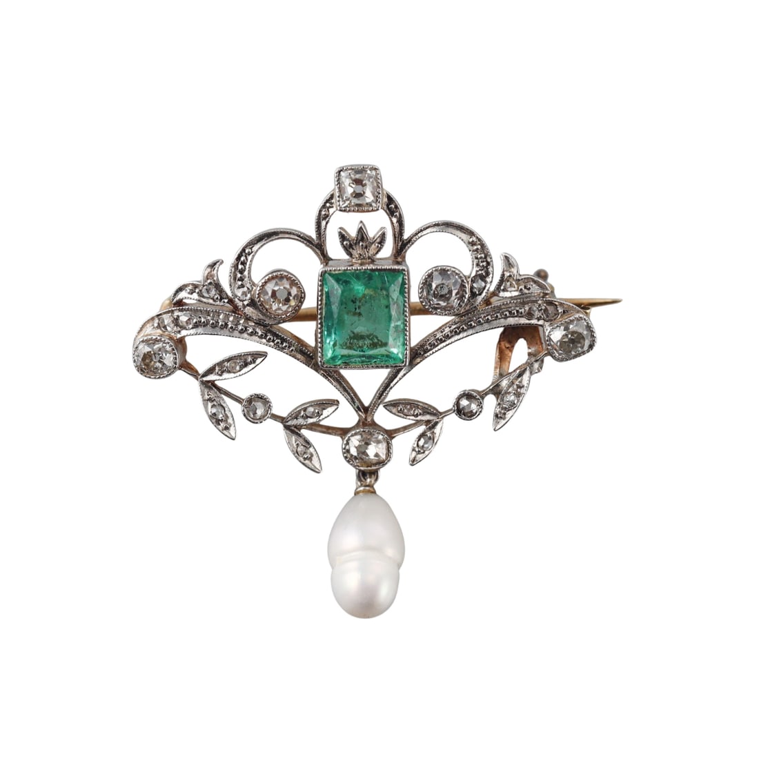 Antique Gold Silver Diamond Pearl Emerald Brooch Pin (1 of 4)