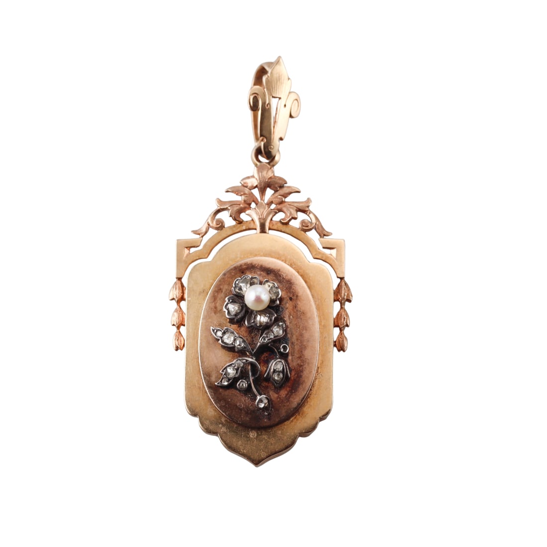 Antique French Gold Silver Diamond Pearl Locket Pendant: Metal : 18k Gold and Silver Designer : Not Signed Gemstone : Rose cut diamonds. Pearl -3.7mm Measurements : Pendant is 63mm long with bail x 28mm wide Marked: : Eagle French Hallmark, T