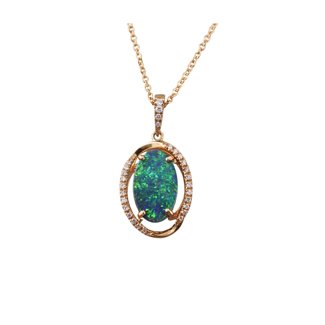 18k Gold Black Australian Opal Diamond Pendant Necklace: Metal : 18k Yellow Gold Designer : Not Signed Gemstone : Black Australian opal - approx. 1.55ct ( 15.5 x 9.5 x 2.5mm), Diamonds approx. 0.30ctw. Measurements : Necklace is 18" long, pendant is