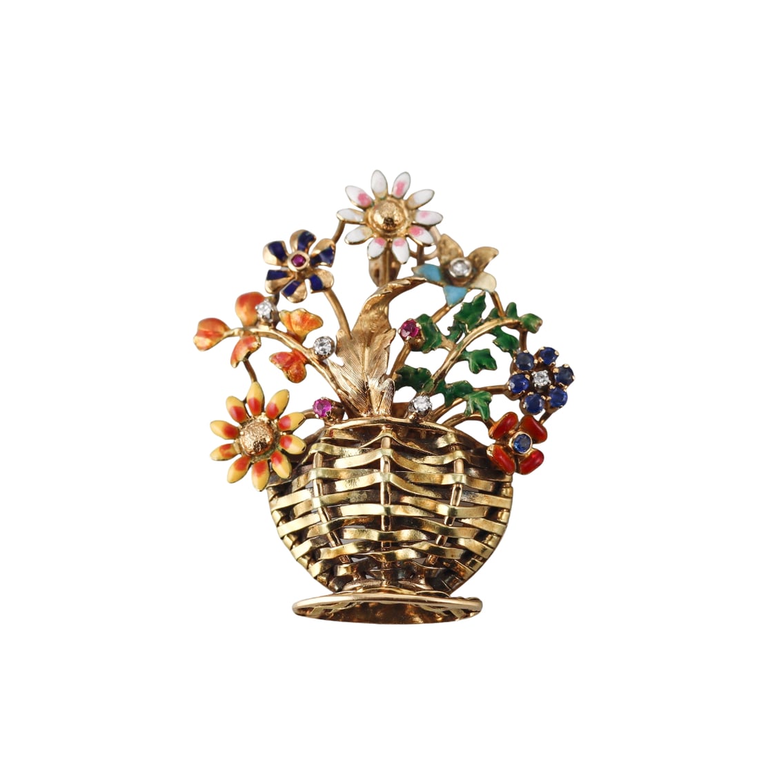 Mid Century 18k Gold Ruby Sapphire Diamond Flower Bouquet Brooch Pin: Metal : 18k Gold Designer : Not Signed Gemstone : Diamonds approx. 0.06ctw. Ruby. Sapphire. Enamel Measurements : Brooch is 45mm x 37mm Marked: : CB 750 Weight: : 15 gram