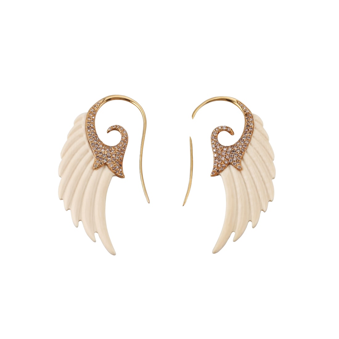 Noor Fares Fly Me to the Moon 18k Gold Diamond Wing Earrings: Metal : 18k Yellow Gold Designer : Noor Fares Gemstone : Horn, Diamonds approx. 0.85ctw. Measurements : Earrings are 48mm x 20mm. Marked: : Noor, 750, Gold marks on the wires.