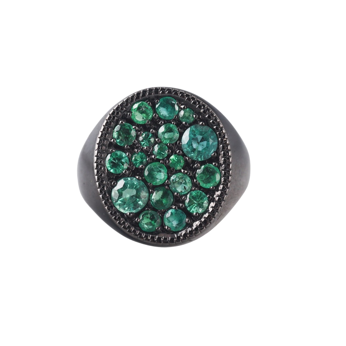 Colette Jewelry 18k Black Gold Emerald Hugues Cluster Ring: Metal : 18k Black Gold Designer : Colette Jewelry Gemstone : Emerald Measurements : Ring size 6, top is 18mm x 15mm. Marked: : Not marked. Weight: : 7.3 grams Co