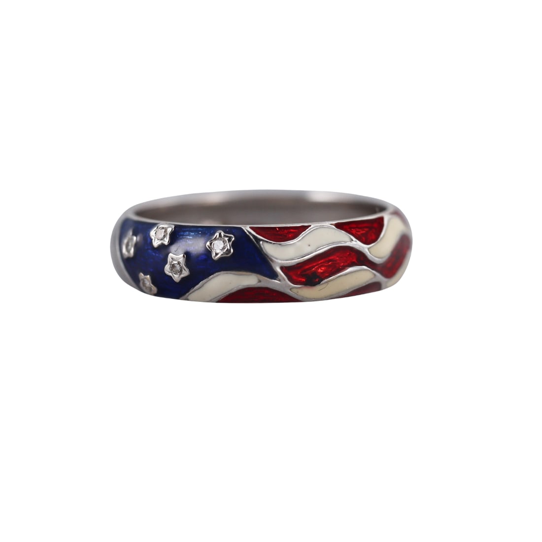 18k Gold American Flag Diamond Enamel Band Ring: Metal : 18k Gold Designer : Not Signed Gemstone : Diamonds approx. 0.05ctw. Measurements : Ring size 9, band is 5.6mm wide Marked: : 750 Weight: : 4.1 grams Con