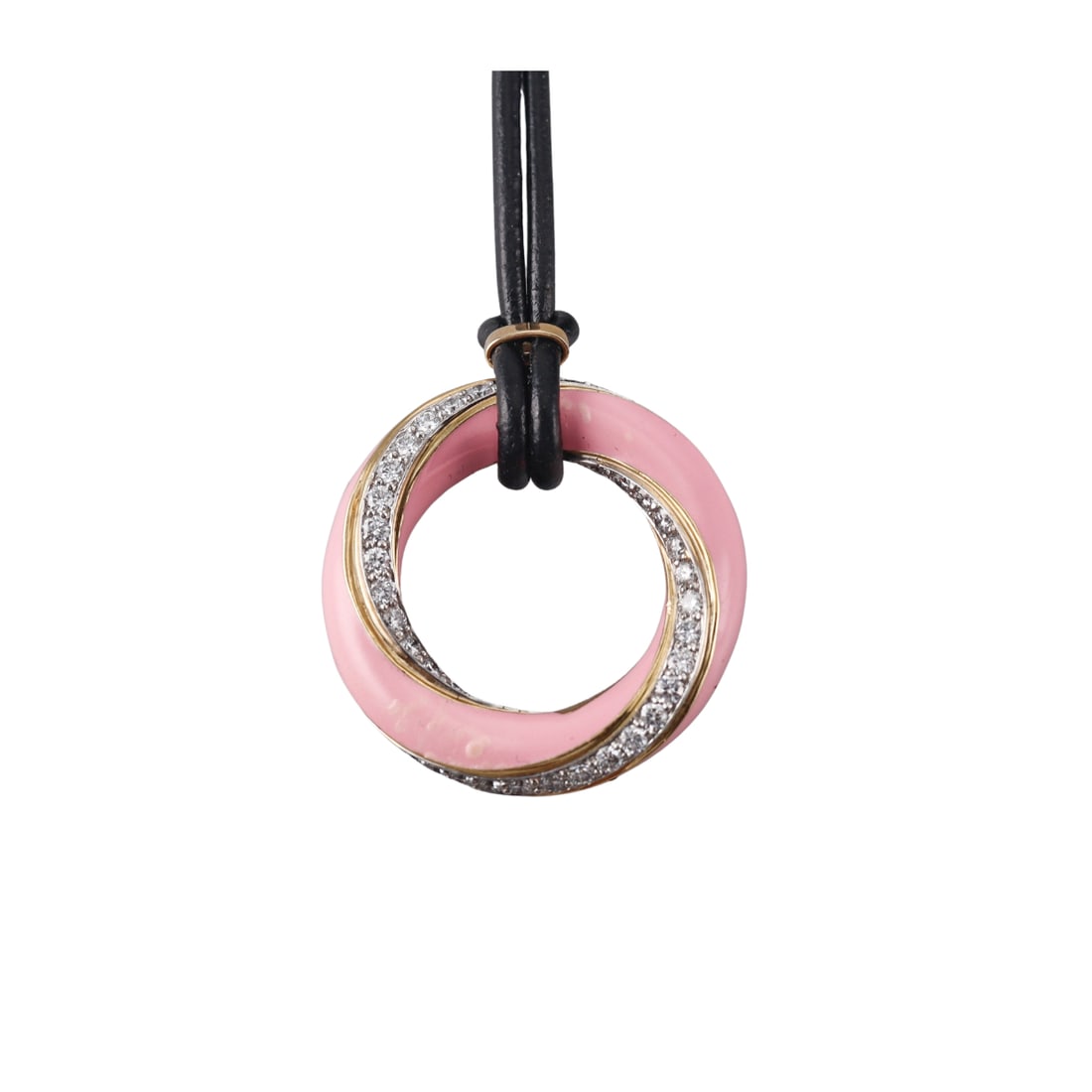 David Webb Gold Platinum Diamond Enamel Cord Necklace Pendant: Metal : 18k Gold and Platinum Designer : David Webb Gemstone : Diamonds approx. 1.20ctw. Pink enamel Measurements : Leather cord - 15.5" long, Pendant - 30mm in diameter Marked: : Dav