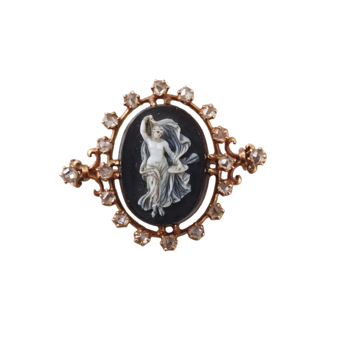 Antique Victorian 18k Gold Rose Cut Diamond Cameo Brooch Pin: Metal : 18k Gold Designer : Not Signed Gemstone : Rose cut diamonds. Hardstone cameo Measurements : Brooch is 28mm x 23mm Marked: : Tested - 18k Weight: : 4.7 grams 