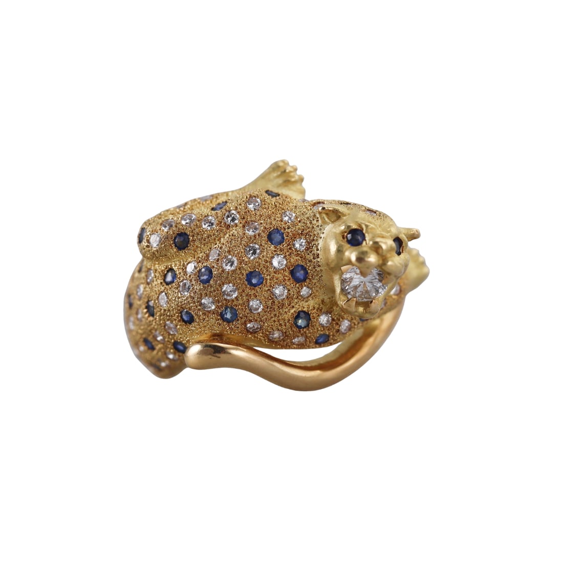 18k Yellow Gold Diamond Sapphire Panthere Ring: Metal : 18k Gold Designer : Not Signed Gemstone : Center diamond 0.20ct, side diamonds 0.54ctw. Sapphires 0.65ctw Measurements : Ring size 7 3/4, top is 19.3mm at widest point 