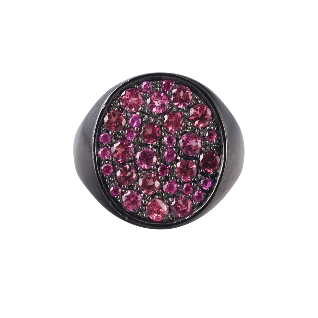Colette Jewelry 18k Black Gold Pink Sapphire Hugues Cluster Ring: Metal : 18k Black Gold Designer : Colette Jewelry Gemstone : Pink sapphires 1.35ctw. Measurements : Ring size 6, top is 18mm x 15mm. Marked: : Not marked. Weight: : 7