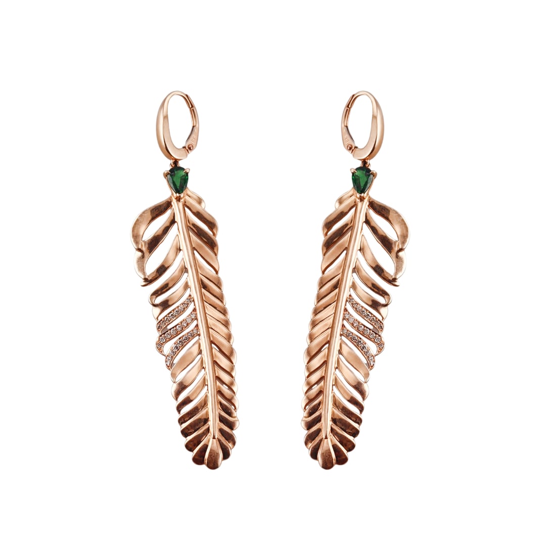 Crow's Nest 18k Rose Gold Diamond Tourmaline Feather Earrings: Metal : 18k Rose Gold Designer : Crow's Nest Gemstone : Green tourmaline, Diamonds approx. 0.16ctw. Measurements : Earrings are 70mm long. Marked: : 750, Maker's mark. 