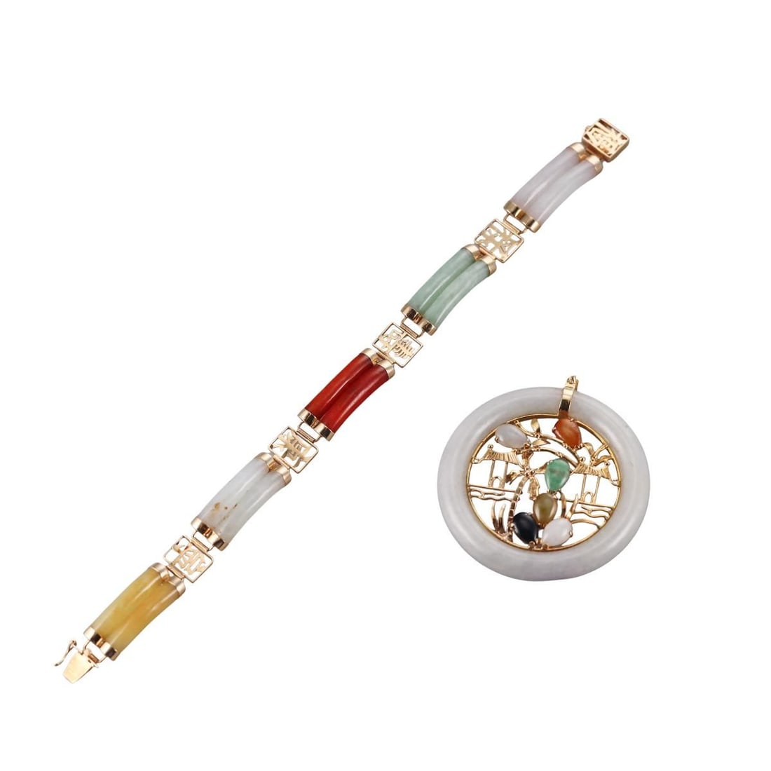 14k Gold Multi Color Jade Pendant Bracelet Lot of 2: Metal : 14k Yellow Gold Designer : Not Signed Gemstone : Multi color jade. Measurements : Pendant is 2" in diameter ; bracelet is 7 5/8" long. Marked: : 585 14k. Weight: 