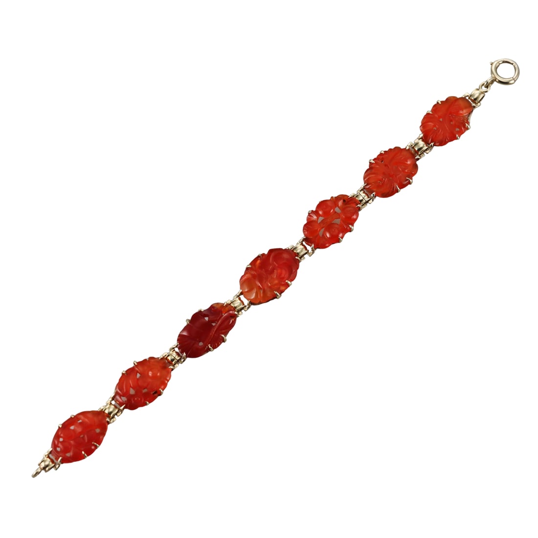 Art Deco 14k Gold Carved Carnelian Bracelet: Metal : 14k Yellow Gold Designer : Not Signed Gemstone : Carnelian Measurements : Bracelet is 7.5" long and 12mm wide. Marked: : Tested 14k. Weight: : 17.4 grams 