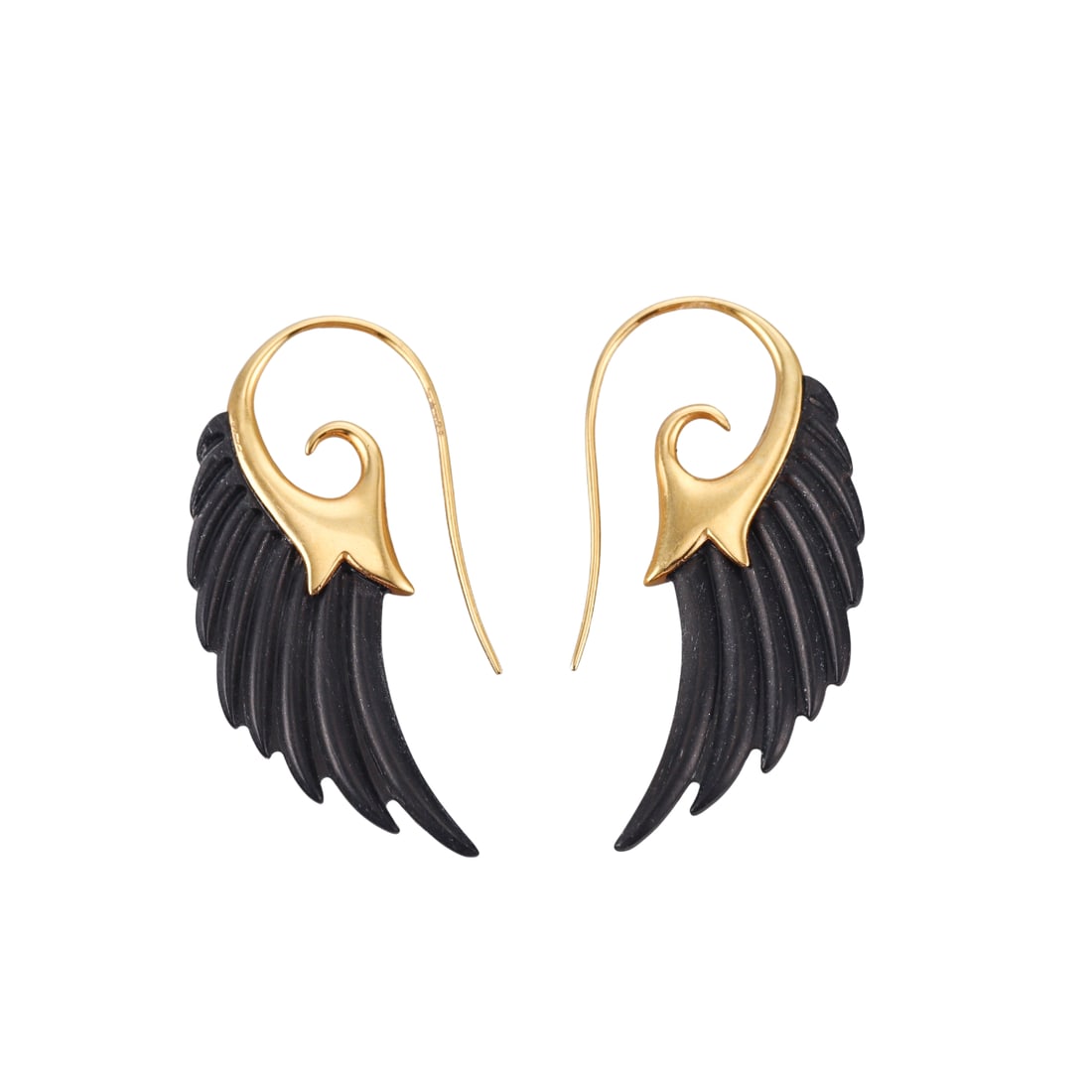 Noor Fares 18k Gold Fly Me to the Moon Wing Black Horn Earrings: Metal : 18k Yellow Gold Designer : Noor Fares Gemstone : Black horn Measurements : Earrings are 48mm x 20mm. Marked: : Noor, 750, Gold marks on the wires. Weight: : 7.6