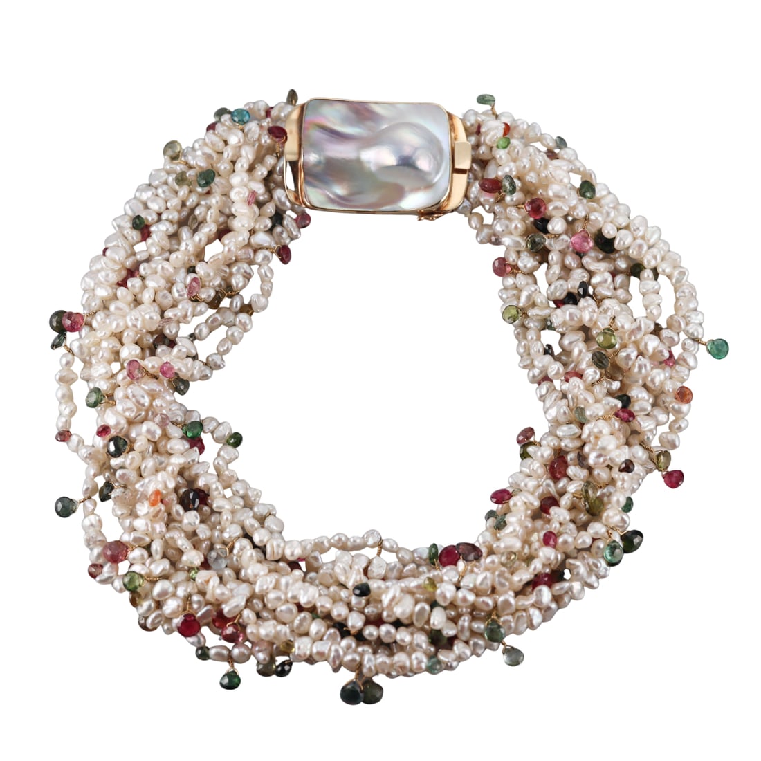 14k Gold Pearl Multi Color Tourmaline Necklace: Metal : 14k Gold Designer : Not Signed Gemstone : Pearls. Multi colored briolette tourmalines Measurements : Necklace is 15" Marked: : 14k Weight: : 137.7 grams 