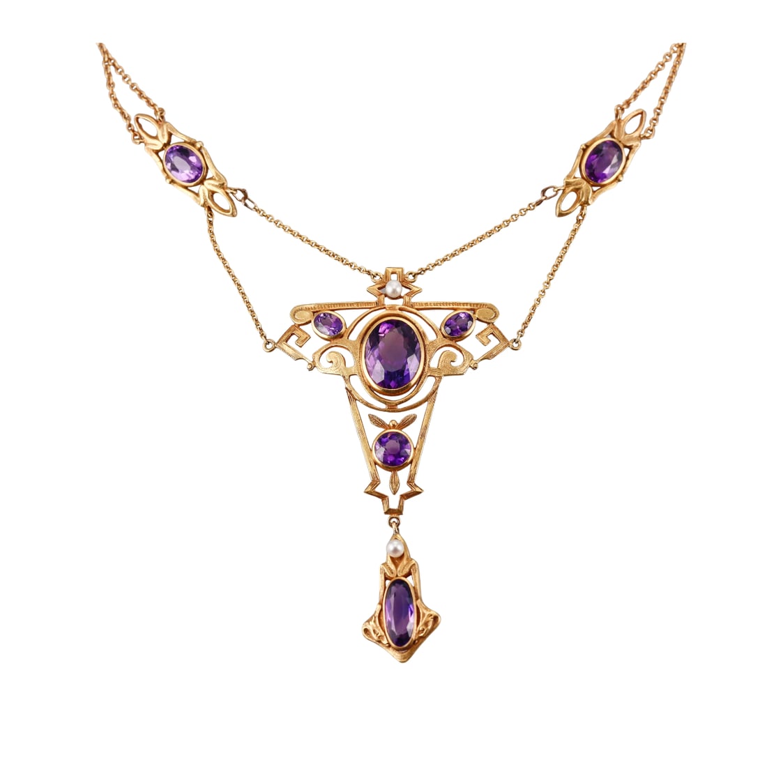 Art Nouveau Antique 14k Gold Amethyst Pearl Necklace: Metal : 14k Yellow Gold Designer : Not Signed Gemstone : Amethyst, Pearl. Measurements : Necklace is 18" long, center drop is 3" long. Marked: : 14k. Weight: : 16.8 grams