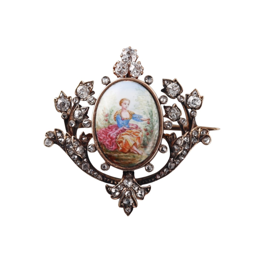Antique 18k Gold Hand Painted Miniature Diamond Brooch Pin (1 of 4)
