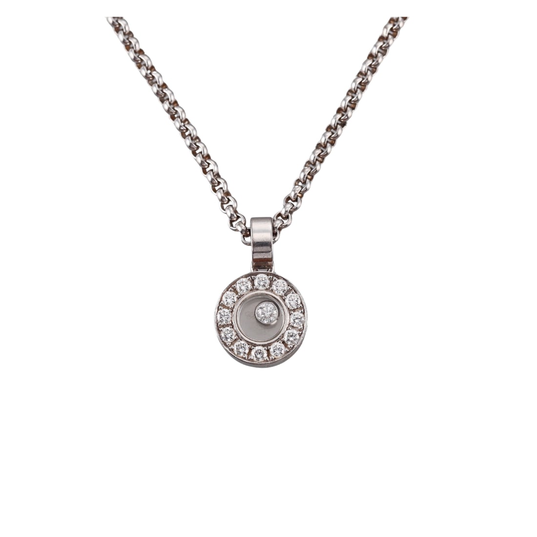 Chopard Happy Diamonds 18k Gold Diamond Pendant Necklace: Metal : 18k Gold Designer : Chopard Gemstone : Diamonds approx. 0.25ctw Measurements : Necklace is 16.5" long. Pendant - 15mm x 10mm Marked: : Chopard 750, 79/3087-20, 2638011