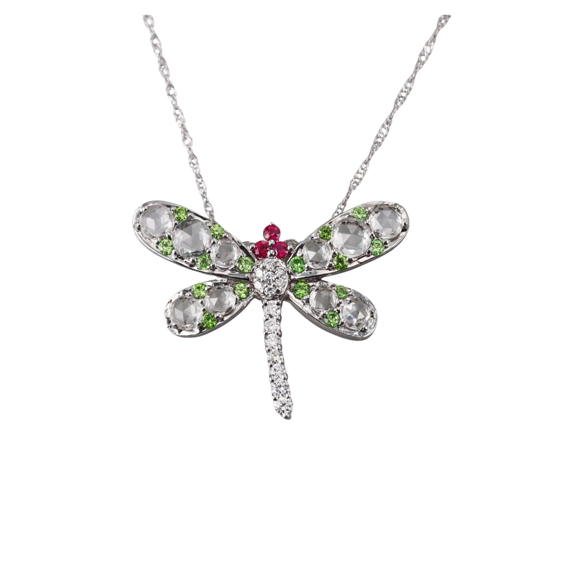 18k Gold White Sapphire Diamond Gemstone Dragonfly Pendant Necklace: Metal : 18k White Gold Designer : Not Signed Gemstone : White sapphires, Rubies, Green gemstones, Diamonds 0.27ctw. Measurements : Necklace is 18" long, pendant is 28mm x 22mm. Marked: