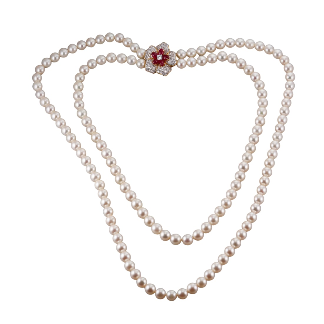 18k Gold Diamond Ruby Pearl Two Strand Necklace (1 of 5)